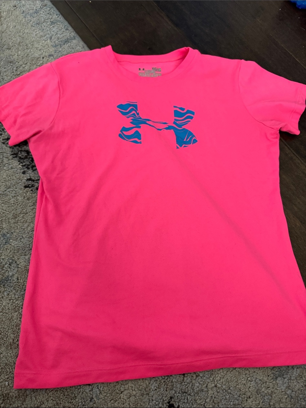 Under Armour Neon Pink Tee with Blue Logo Girl YL